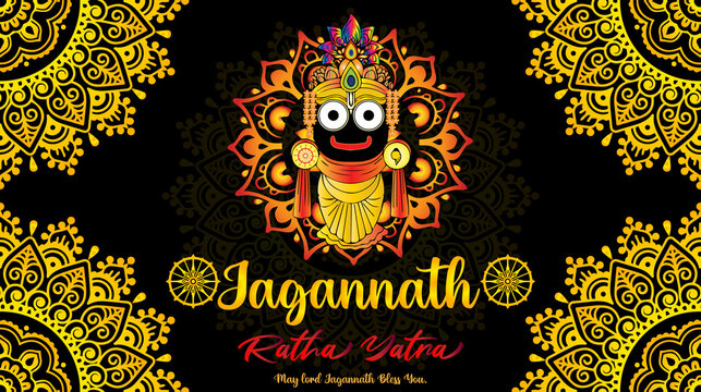 Happy Rath Yatra festival Greeting banner & template. with a mandala & black background