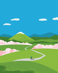 Mountain valley with blooming sakura landscape. Blooming cherry season outdoor vector poster. Springtime landscape background. Sakura blossoms season scenery colorful cartoon vintage illustration