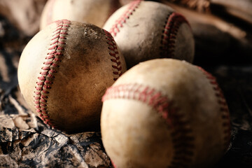 Group of old used vintage baseball balls from sport for background.