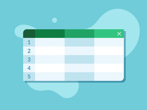 Worksheet application in green and blue colors, depicting title bar, column and rows with numbers. Spreadsheet tables app flat design vector.