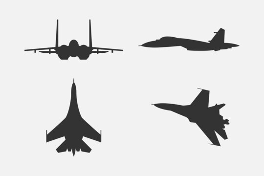 Set of fighter aircraft SU-27 in various positions black and white vector illustration.