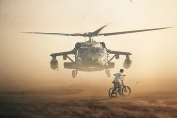 Foto op Plexiglas Homeless child riding bicycle and watching helicopter between smoke and dust © Meysam Azarneshin