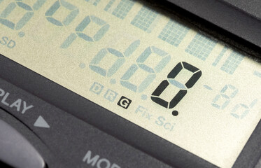 Number 0 on a simple scientific calculator LCD electronic device display, object macro, detail, extreme closeup. Zero digit symbol, nothing, none abstract concept, nobody. Business, economy, finance