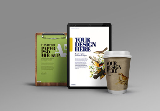 Tablet Mockup with Clipboard and Take Out Coffee Cup
