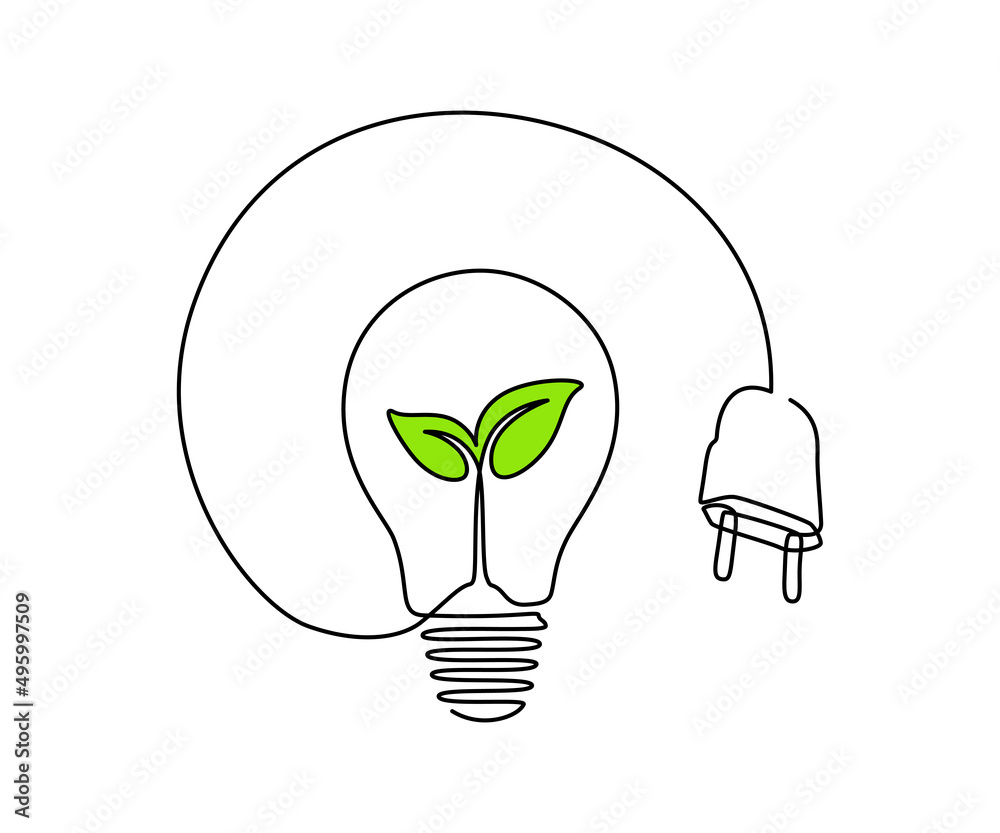 Poster plant inside lightbulb with plug in one continuous line drawing. creative concept of green energy an
