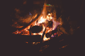night fire, fire burns at night, firewood burns in fire