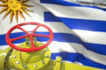 Pipe valve close-up and flag of Uruguay, 3d rendering
