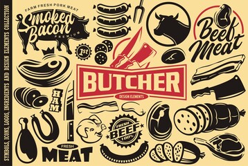 Butchery shop collection of signs, symbols, logos, icons,emblems, graphics and design elements. Vector butcher illustration. Meat market designs.