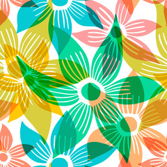 Vector seamless pattern with hand drawn minimalistic flowers, colorful botanical illustration, floral elements. Artistic backdrop.