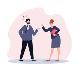 Aggressive people concept. Man and woman arguing, conflict of employees. Boy and girl scream at each other. Emotions and anger, negativity, family couple quarrel. Cartoon flat vector illustration