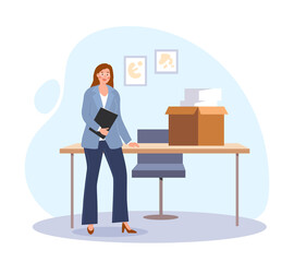 Businesswoman in office. Young girl with glasses and suit. Successful and talented entrepreneur. Financial literacy and company development. Paperwork and documents. Cartoon flat vector illustration