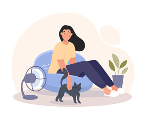 Woman with cat. Hostess with pet under fan. Comfortable and cozy apartment. Summer season and heat, air conditioning and wind. Adorable character at apartment. Cartoon flat vector illustration