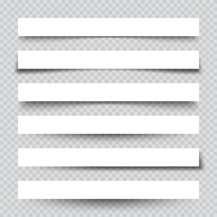 Set of white blank paper scraps with shadows. Page dividers on checkered background. Realistic transparent shadow effect. Element for design. Vector illustration. - obrazy, fototapety, plakaty