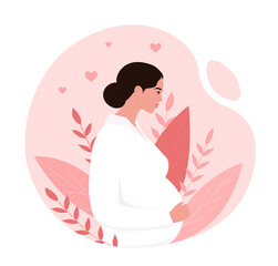 Pregnant woman concept. Young woman with big belly. Expectant mother and child. Graphic elements for website, poster or banner. Greeting postcards for newborns. Cartoon flat vector illustration