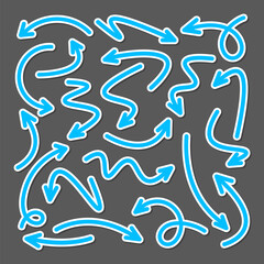 Colorful hand drawn arrow stickers set. Blue pointers collection. Simple arrows in different shapes. Direction signs. Vector illustration.