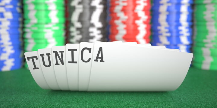 A hand of playing cards with Tunica text. 3d rendering