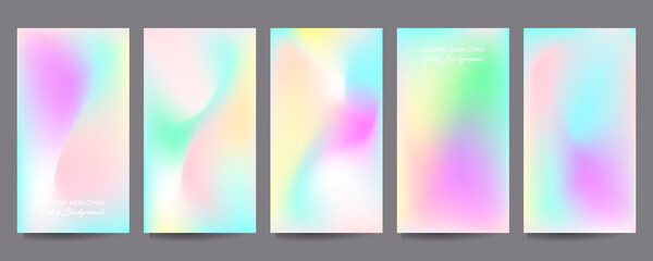 Gradient mesh cover set of backgrounds texture foil pearl shades. Abstract stylish gradient with holographic foil. 90s, 80s retro style