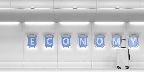 Plane portholes with ECONOMY text, 3d rendering