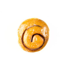 Top down view of a Cinnamon Roll isolated on white with copy space.