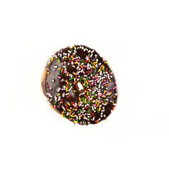 Top down view of a Chocolate Donut with candy sprinkles on white with copy space.