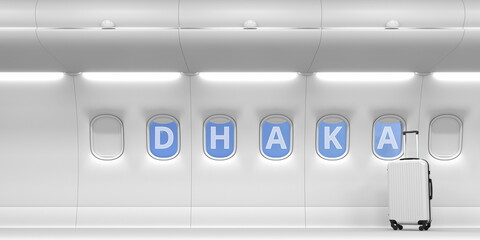 Dhaka text on an airplane portholes. 3d rendering