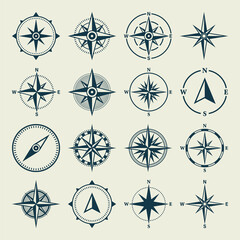 Vintage marine wind rose, nautical chart. Monochrome navigational compass with cardinal directions of North, East, South, West. Geographical position, cartography and navigation. Vector illustration.