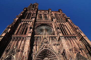 Bottom Up View To The Front Facade Of The Famous Cathedral Of Strasbourg France On A Sunny...