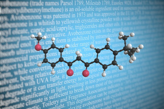 Molecular model of avobenzone, 3D rendering