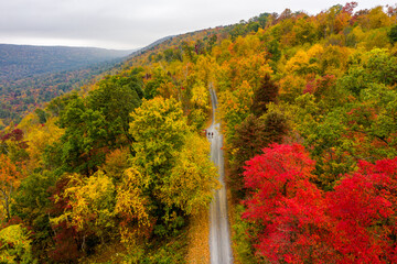 Drone capture of a Pennsylvania mountain road during peak fall foliage. 