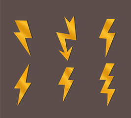 Set of lightning. Collection of social network stickers. Graphic elements for website. Electricity and natural energy, speed metaphor. Cartoon flat vector illustrations isolated on brown background