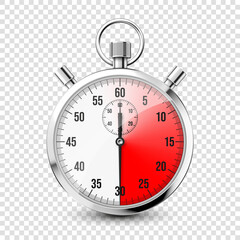 Realistic classic stopwatch icon. Shiny metal chronometer, time counter with dial. Red countdown timer showing minutes and seconds. Time measurement for sport, start and finish. Vector illustration