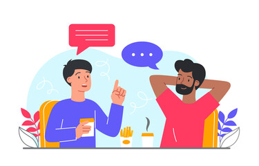 Men drinking cocktails. Fast food characters discussing latest news. Wrong nutrition, delicious product. Rest in cafe, friends for weekend rest in supermarket. Cartoon flat vector illustration