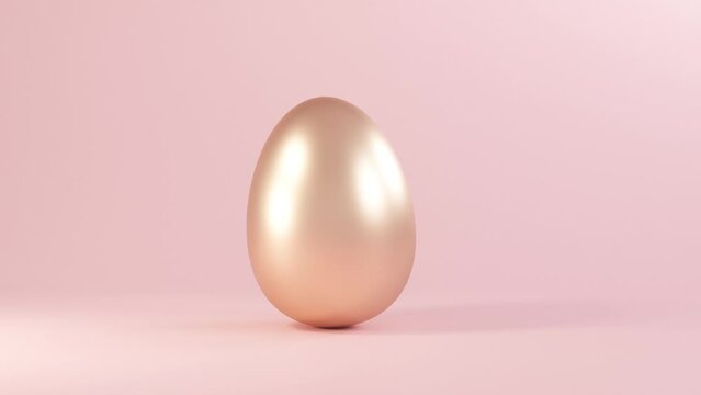 Easter golden glitter egg swings from side to side on pink background. Minimal easter concept. Happy Easter card with copy space for text. Levitating egg. 3d render.