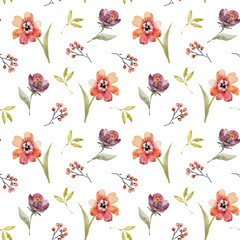 Seamless pattern with watercolor flowers and leaves on a white background, hand painted.