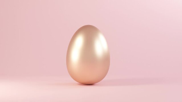 Easter golden glitter egg swings from side to side on pink background. Minimal easter concept. Happy Easter card with copy space for text. Levitating egg. 3d render.
