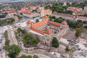 Aerial view of Varpalota Thury castle after massive restoration work and excavations, adding a nice park in the middle of the former heavy industry town in Hungary