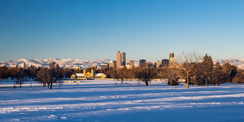 Downtown Denver skyline panorama from City Park in Winter