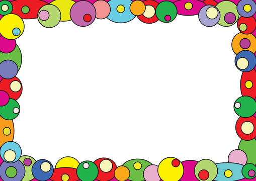 Colorful frame with hems with colored circles for children's party. Colored circles with white space for invitation in vector and jpg.