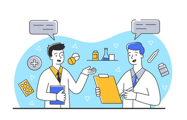 Two doctors indoor. Men carry out inventory, characters estimate amount of medicines. Pharmacist dispenses groceries to guy. Medical poster or banner for website. Cartoon flat vector illustration