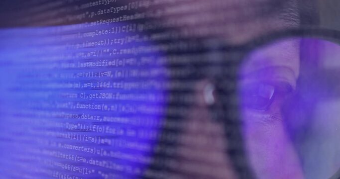 4K video super close up eye ball with eyeglasses overlay with coding screen. Background concept for programming and coding computing.