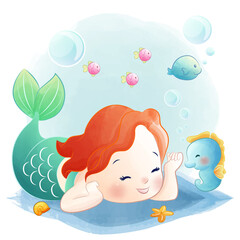 Cute animals Underwater cute mermaid along with fish and seahorse
