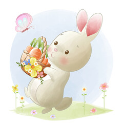 Obraz premium Cute bunny holding a basket of carrot