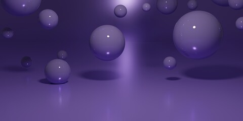 Abstract background with falling 3d balls. Dynamic flying purple bubbles. Modern trendy horizontal banner, poster, header template for website. Realistic 3D rendering illustration.