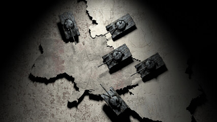 Russia Ukraine war map concept with Russia invasion of Ukraine and the movement of troops - 3D Illustration Rendering