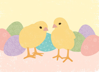 A pair of baby chicks and colorful easter eggs, in a cut paper style with textures
