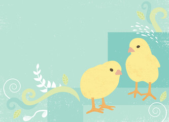 A pair of baby chicks & embellishments, in a cut paper style with textures
