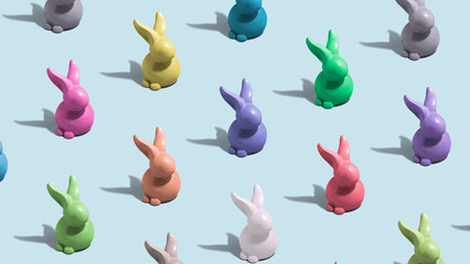 Bunnies in multiple colors. Colorful minimal Easter concept. Figures align in pattern.