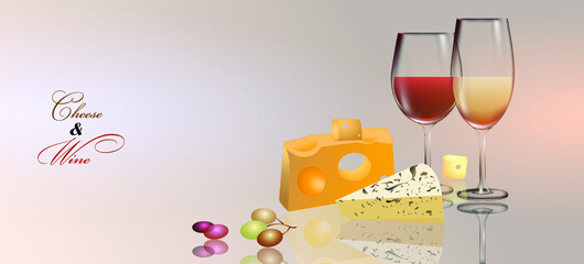 Cheese and wine, vector background with glasses, slices of cheese and grapes