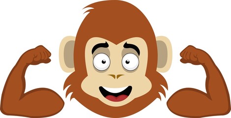 Vector illustration of the face of a cartoon monkey or gorilla, flexing his arms and contracting his biceps