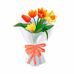 Vector isolated illustration with colorful bouquet of spring flowers, tulips, daffodils, crocuses wrapped and with ribbon bow. Concept of gift, surprise, congratulations, International Women s Day etc